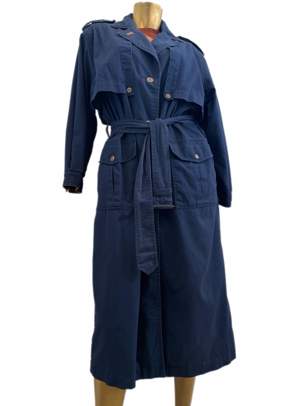 Vintage Together Navy Cotton Belted Trench Coat Leather Trim size 8